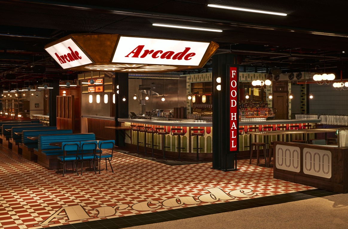 Mid-century foodhall interior at Battersea Power Station