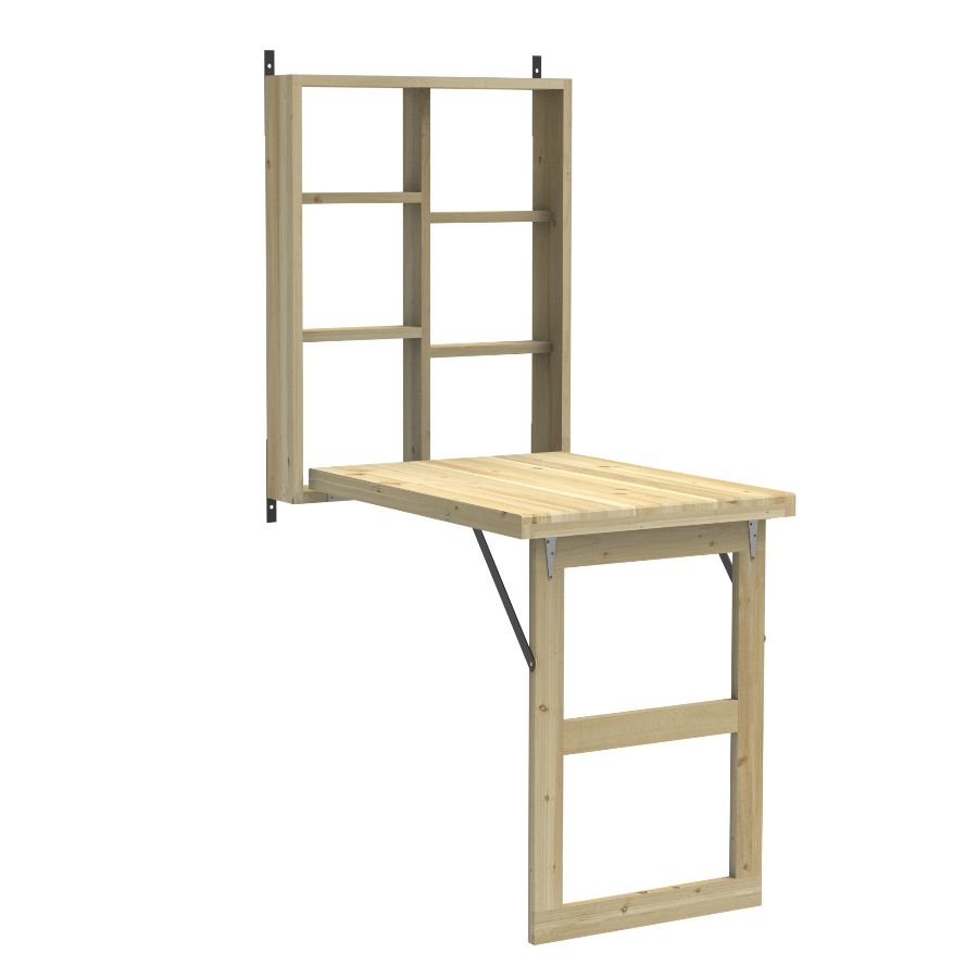 A wooden shelf on a wall Description automatically generated