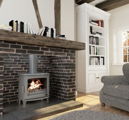 A fireplace in a room Description automatically generated