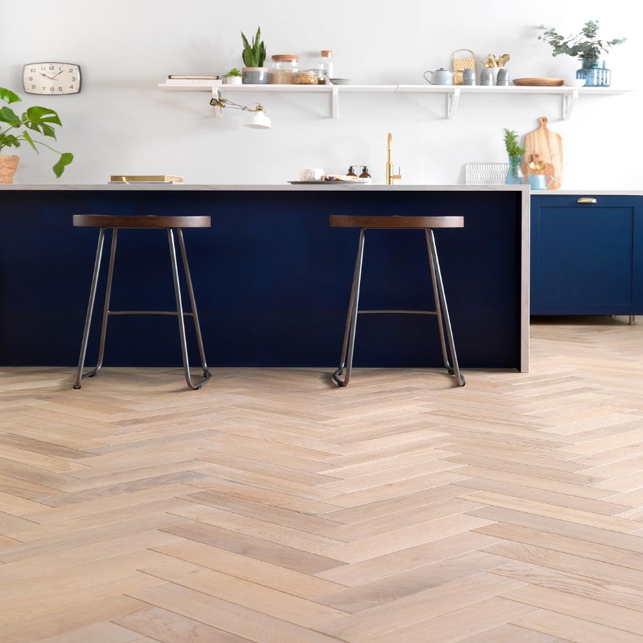 A kitchen with a blue countertop and stools

Description automatically generated