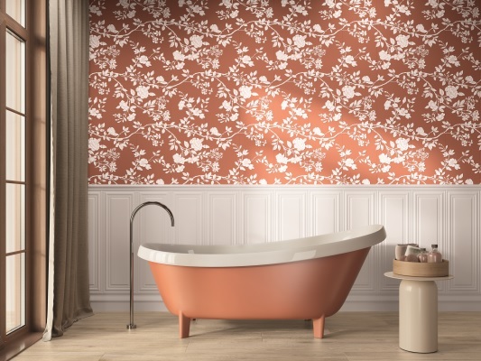 A bathtub in a bathroom Description automatically generated