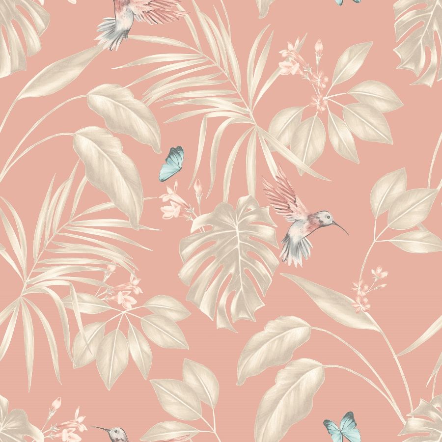 A pink floral pattern with hummingbirds and butterflies

Description automatically generated