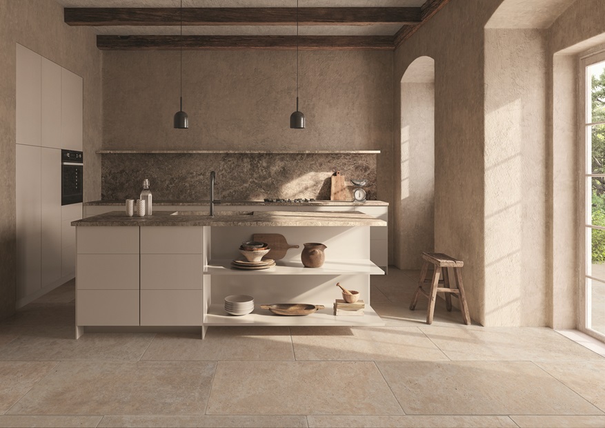an example of mindful minimalism showing kitchen and Castillo tiles from Porcelain Superstore