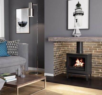 A log burner stove ina lifestyle setting