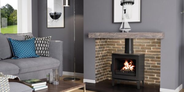 A log burner stove ina lifestyle setting