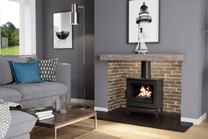 A log burner stove ina lifestyle setting