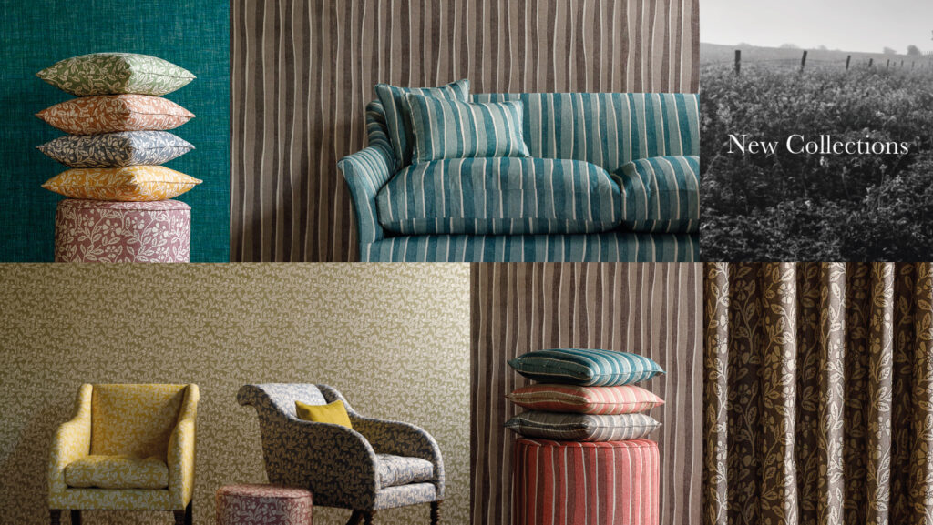 a selection of lifestyle images showing new striped fabrics from English Brand Fermoie