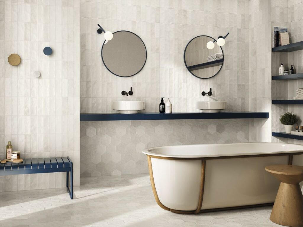 an example of mindful minimalism showing bathroom and Castillo tiles from Porcelain Superstore