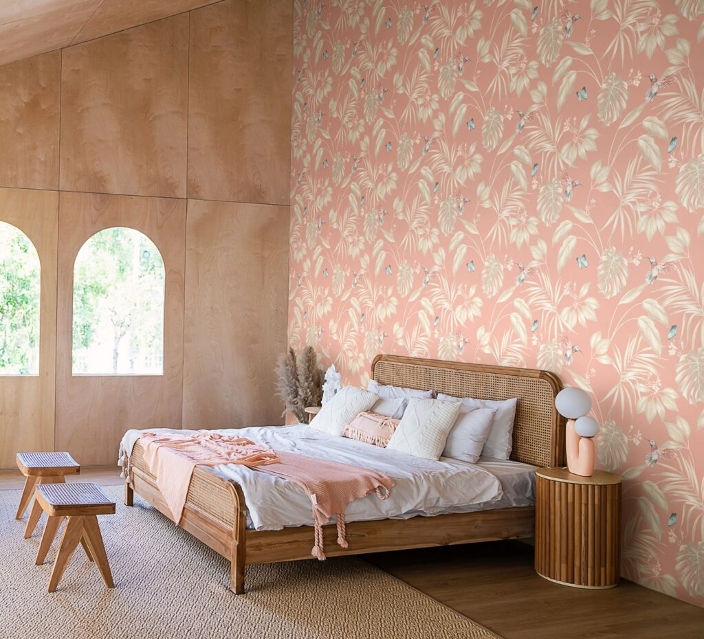 Interior of bedroom with wooden double bed white pillows. wood  wall in the room in rustic cottage. Stylish and comfort hotel accommodation 