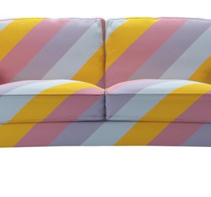two-seater, Rainbow coloured sofa in Prism Stripe fabric from Olivia Rubin