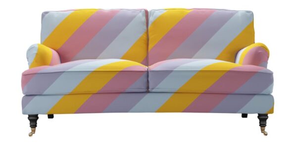 two-seater, Rainbow coloured sofa in Prism Stripe fabric from Olivia Rubin