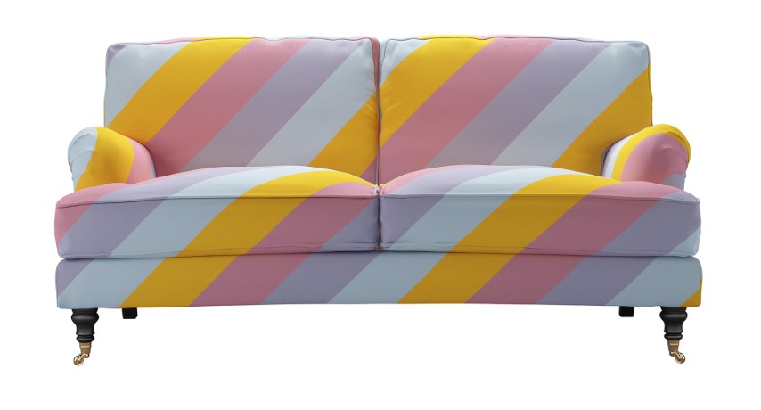 two-seater, Rainbow coloured sofa in Prism Stripe fabric from Olivia Rubin