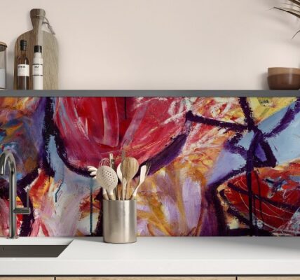a glass kitchen splashback in bright colours from Red Dog Glass Design. In situ in a kitchen