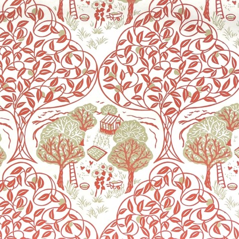 A countryside scene depicted in wallpaper showing an orchard and chickens in a colour described as persimmon 