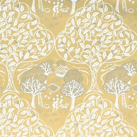 A countryside scene depicted in wallpaper showing an orchard and chickens in a colour described as  quince
