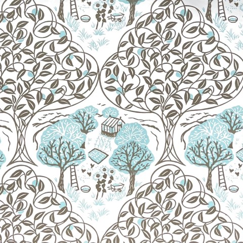 A countryside scene depicted in wallpaper showing an orchard and chickens in a colour described as parchment