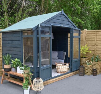 Thorndown Cavepool Grey colour on a wooden summerhouse in a garden