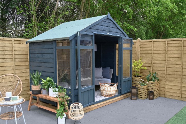 Thorndown Cavepool Grey and Bishop Blue Wood Paint on Forest Oakley Summerhouse