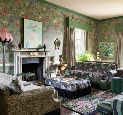maximalist vibrant botanical rug in a living room