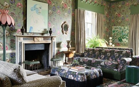 maximalist vibrant botanical rug in a living room