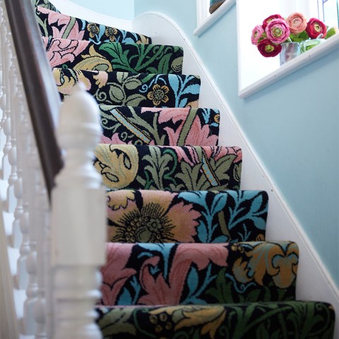 maximalist house of hackney designed vibrant botanical stair runner carpet on stairs