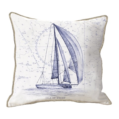 a cushion showing coastal inspired design of a fully rigged sailing boat in blue and white
