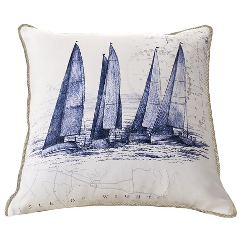 a cushion showing coastal inspired design of an sailing boats racing in blue and white