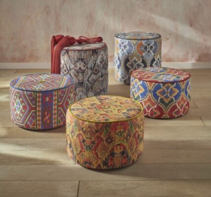 footstools upholstered in The Design Archive new Samakand fabrics
