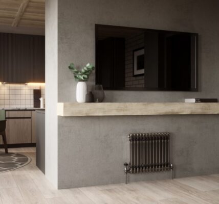 A modern kitchen with a metallic radiator showing how raw materials can work in a modern home
