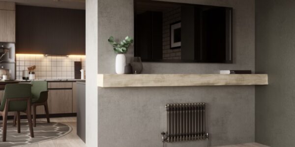A modern kitchen with a metallic radiator showing how raw materials can work in a modern home
