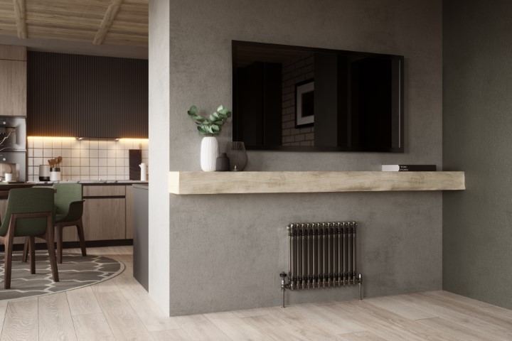 a kitchen with a radiator in raw metal finish, showing how raw materials can be used ina  modern home