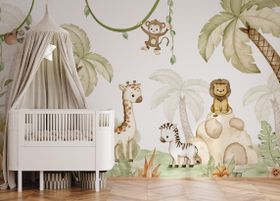 A baby's room with a cute jungle-themed wall mural, creating a playful and vibrant atmosphere.