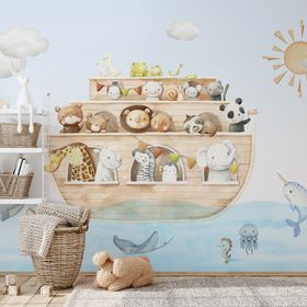A baby's room with a cute Noah's Ark-themed wall mural, featuring cartoon animals