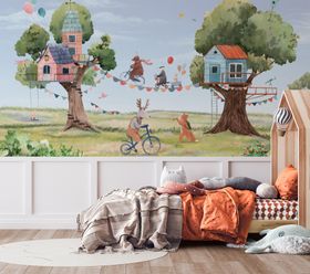 A baby's room with a cute wall mural showing animals riding bikes and living in tree houses