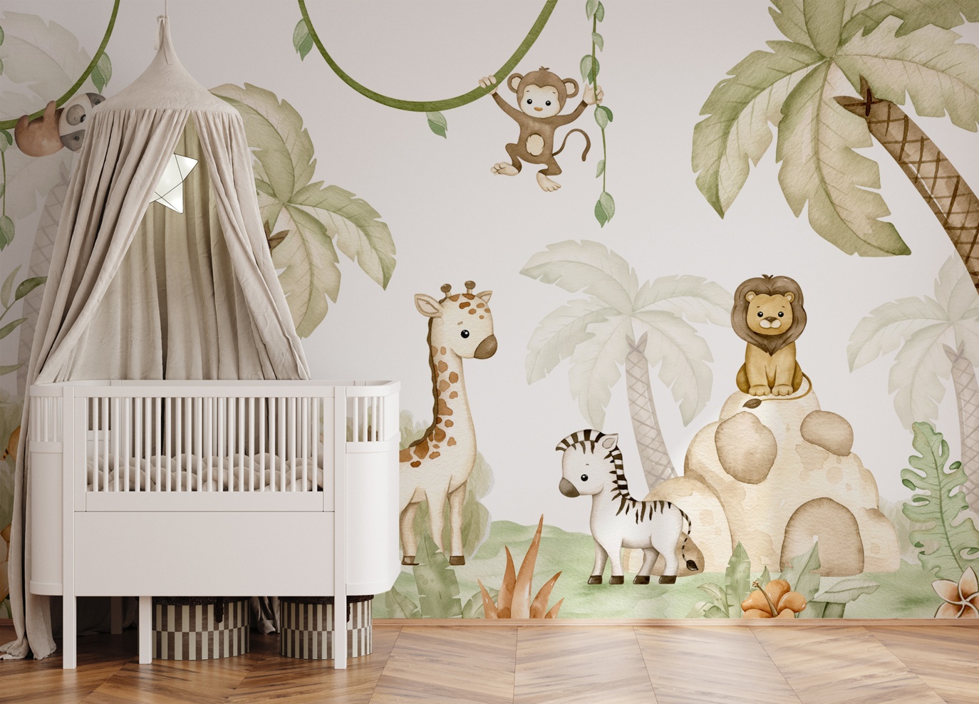 A children's nursery with a wall mural showing cute animals in a cartoon jungle in a design by oliver robins