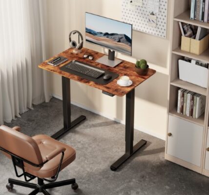 A home office with a standing desk