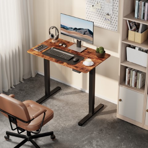 A home office with a standing desk