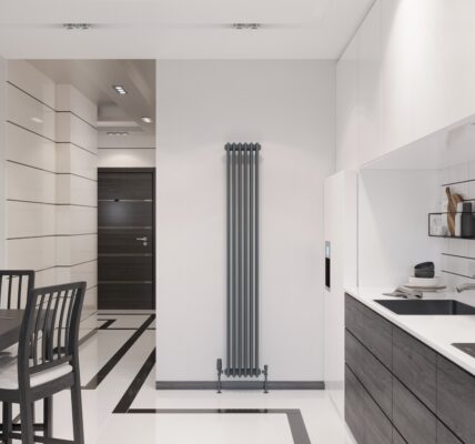 a modern kitchen and dining area with a minimalist design. The space is dominated by a monochromatic color scheme, featuring shades of white, black, and gray. A sleek, dark dining table with four matching chairs is placed on the left side of the image, under a simple hanging pendant light. To the right, the kitchen area is equipped with white cabinetry and black countertops. The backsplash consists of white rectangular tiles with dark grouting, and there are various kitchen items like pots, a cutting board, and bottles of oil on the counter. In the center of the image is a tall, vertical, anthracite-colored column radiator, and there's a modern dark door in the background on the left. The flooring is a geometric pattern of white and black tiles that complement the overall contemporary aesthetic of the room.