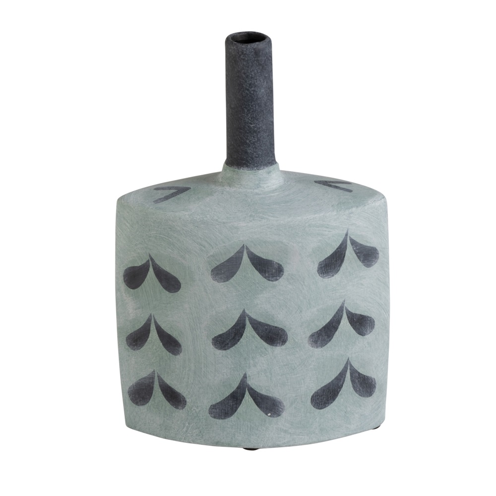 A decorative vase with a blue stone effect and black details. The design is simple and modern, with a series of black droplet-like patterns arranged in rows around the body of the vase. The neck of the vase is narrow and cylindrical, contrasting with the wider base, giving it an elegant profile that could complement a contemporary interior design.