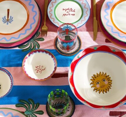 birds eye view of lots of colourful tableware on a table