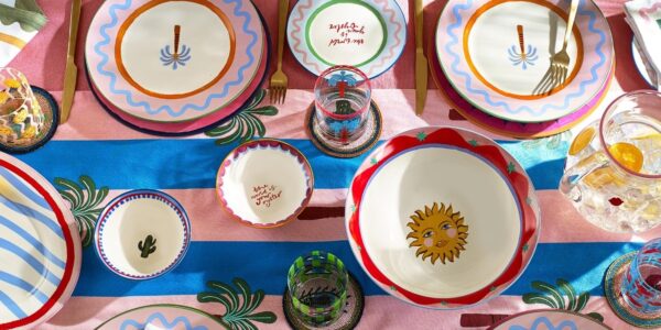 birds eye view of lots of colourful tableware on a table