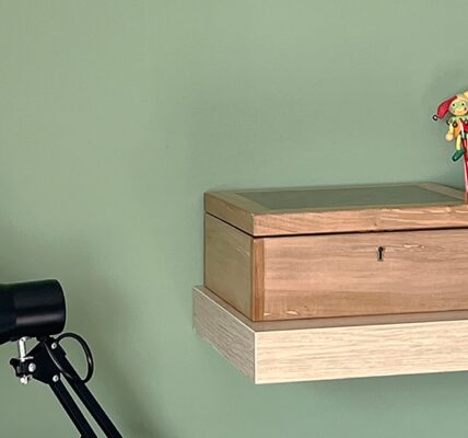A wooden shelf mounted on a green wall with a decorative box, book and a lamp. The box has the words “Fire With Fire” and “Destiny Soria” written on it. The lamp is a black, metal lamp.