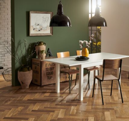 A photorealistic image of a dining room interior with a wooden table and four chairs.