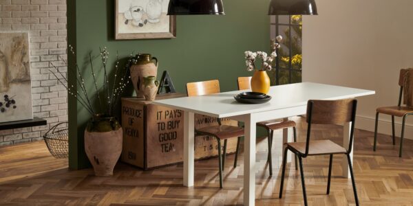A photorealistic image of a dining room interior with a wooden table and four chairs.