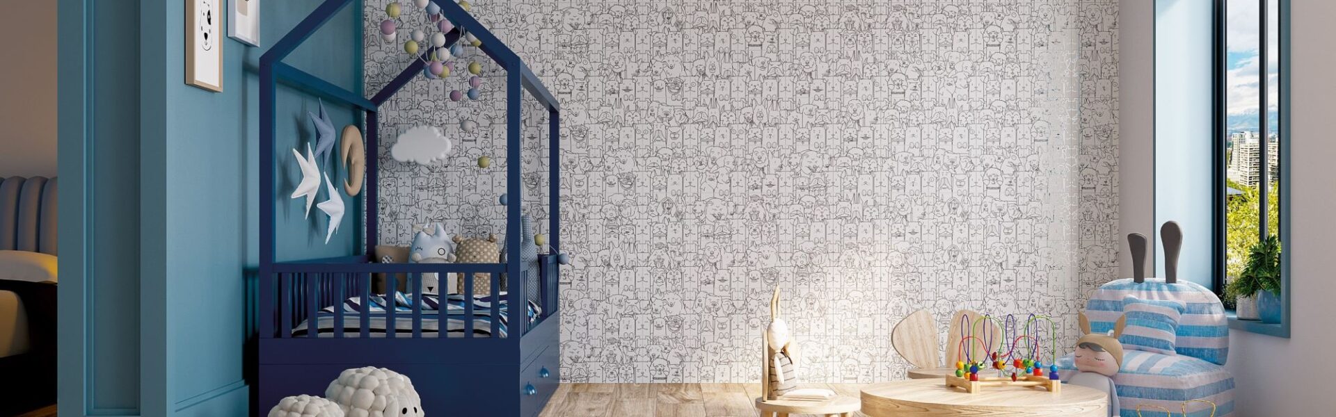 A child's bedroom with a blue canopy bed, a nightstand with a lamp, and a table with two chairs. The wall is tiled with a black and white dog-inspired tile.