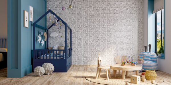 A child's bedroom with a blue canopy bed, a nightstand with a lamp, and a table with two chairs. The wall is tiled with a black and white dog-inspired tile.