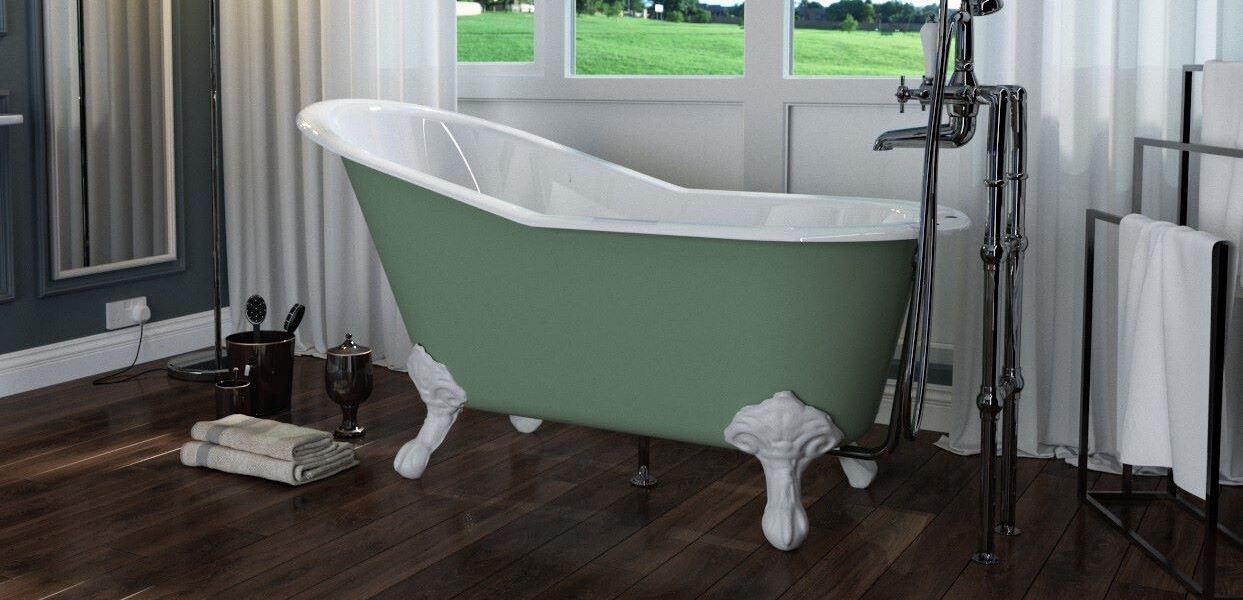 A green and white claw-foot bathtub with rolled ends sits on a light-coloured wooden floor in a bathroom. The bathtub has nickel-plated claw feet and a drainpipe. There is a white towel rack with two white towels on the wall behind the bathtub. In the corner of the image, there is a small wicker basket filled with rolled-up white towels.