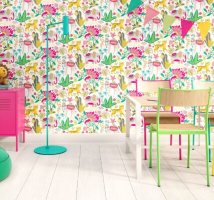 A room with a white wild animal wallpaper. The wallpaper features a variety of animals, including lions, tigers, elephants, monkeys, and birds. The animals are all different colours and sizes, and they are arranged in a playful and whimsical pattern.