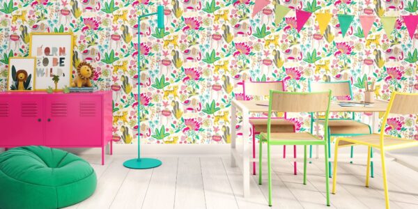 A room with a white wild animal wallpaper. The wallpaper features a variety of animals, including lions, tigers, elephants, monkeys, and birds. The animals are all different colours and sizes, and they are arranged in a playful and whimsical pattern.