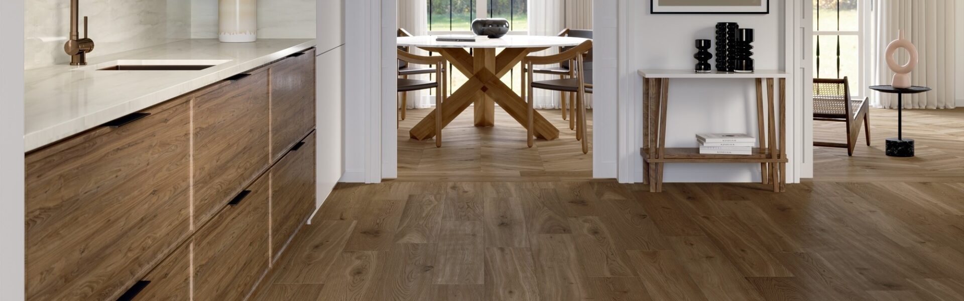 A close-up photo of light brown wooden floor tiles that look like real wood.